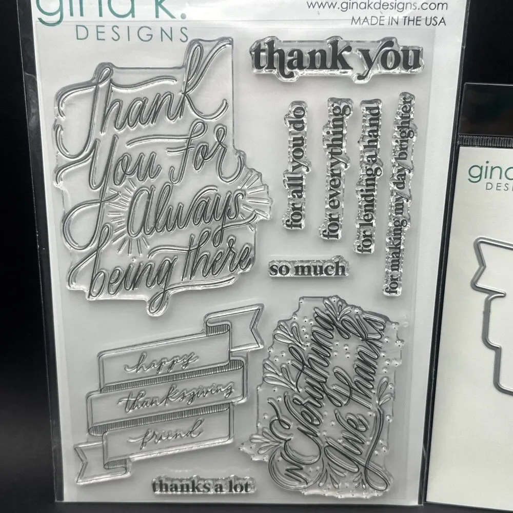 Gina K. Designs THANK YOU GREETINGS Clear Stamp Set  Banner Die New sentiments